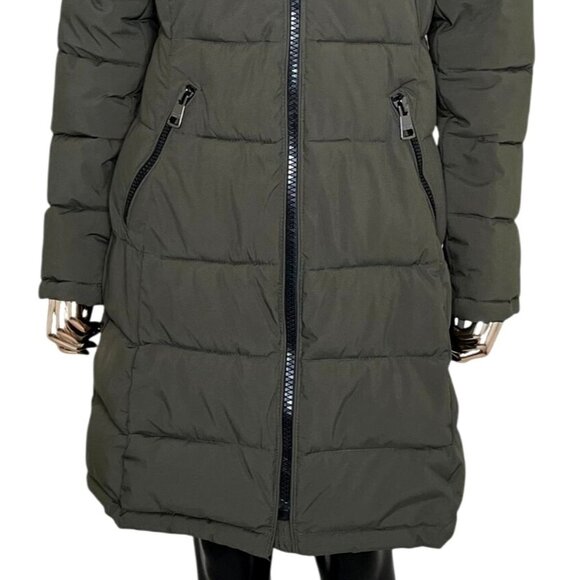 Andrew Marc Olive Green Stretch Puffer Jacket Faux Fur Hood Small - Picture 5 of 12